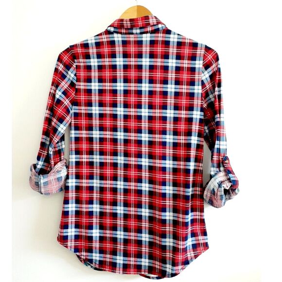 Passport Plaid Red Blue Roll Tab Sleeves Button Shirt Medium - Picture 4 of 7